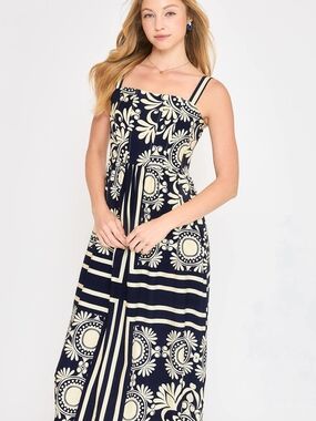 Umgee Navy & Cream Printed Maxi Dress with Straps